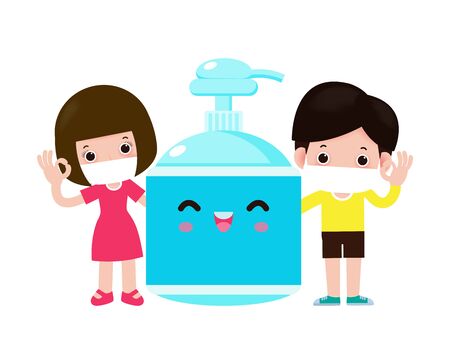 Cute kids and alcohol gel, children and Protection Against Viruses and Bacteria, Healthy lifestyle concept isolated on white background vector illustrationのイラスト素材
