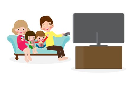 Family Watching a TV Show Together, Happy family watching television sitting on the couch at home isolated vector Illustration on white background.のイラスト素材