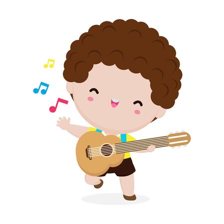cute kid playing guitar, happy children boy playing the guitar. Musical performance. isolated vector Illustration on white background. in cartoon styleのイラスト素材