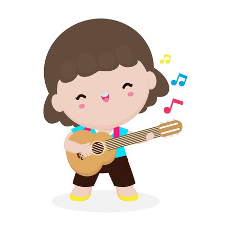 cute kid playing guitar, happy children girl playing the guitar. Musical performance. isolated vector Illustration on white background. in cartoon styleのイラスト素材