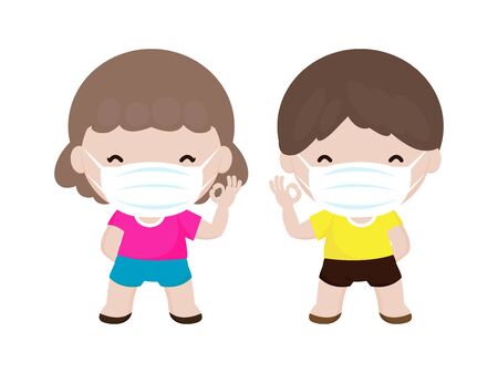Coronavirus 2019-nCoV or Covid-19 disease prevention concept with cute kids boy and girl wearing face mask isolated on white background vector illustrationのイラスト素材