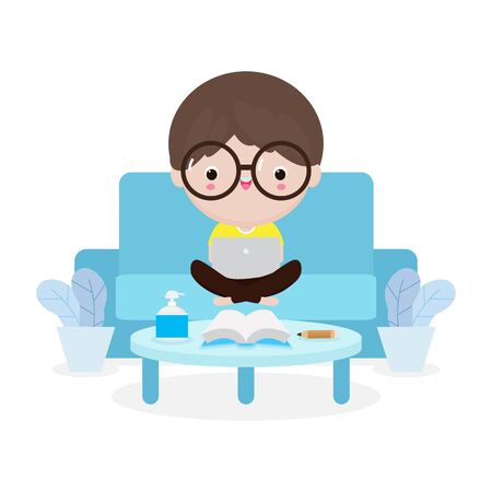 Coronavirus quarantine concept. cute student working on a laptop at home, online learning for children study with computer, Prevent infection spreading isolated on white background vector illustrationのイラスト素材