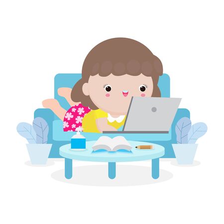 Coronavirus quarantine concept. cute student working on a laptop at home, online learning for children study with computer, Prevent infection spreading isolated on white background vector illustrationのイラスト素材