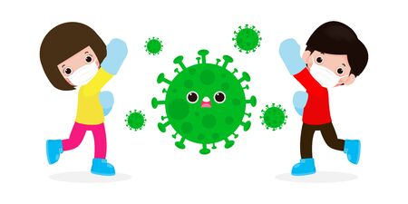 people fight with coronavirus (2019-nCoV), cartoon character man and woman attack COVID-19 ,children and Protection Against Viruses and Bacteria, Healthy lifestyle concept isolated on white backgroundのイラスト素材