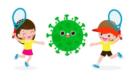 people fight with coronavirus (2019-nCoV), cartoon character man and woman attack COVID-19 ,children and Protection Against Viruses and Bacteria, Healthy lifestyle concept isolated on white backgroundのイラスト素材