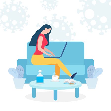 Coronavirus quarantine concept. woman working at home. stay at home, female and working on laptop. people with computer. Prevent infection spreading isolated on white background vector illustrationのイラスト素材