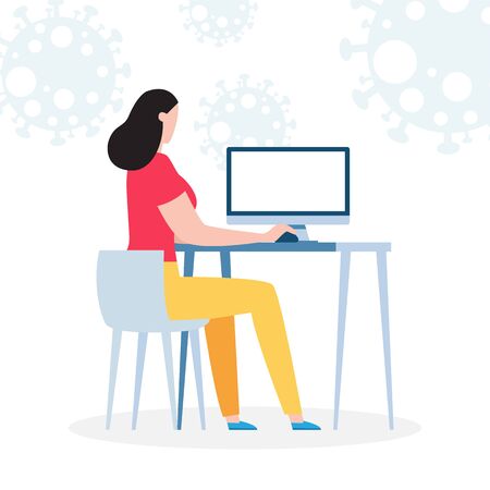 Coronavirus quarantine concept. woman working at home. stay at home, female and working on laptop. people with computer. Prevent infection spreading isolated on white background vector illustrationのイラスト素材