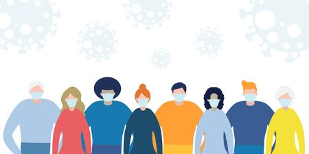 coronavirus (2019-nCoV) COVID-19 Group of people wearing medical masks to prevent disease, flu, air pollution, contaminated air, world pollution. Healthy lifestyle concept isolated on white backgroundのイラスト素材