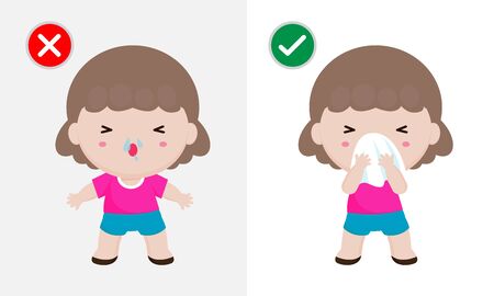 Coronavirus 2019-nCoV or Covid-19 disease prevention concept, woman sneezing cover mouth and nose with tissue before and don't do. Healthy way to safe from virus infections. Health care conceptのイラスト素材