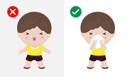 Coronavirus 2019-nCoV or Covid-19 disease prevention concept, man sneezing cover mouth and nose with tissue before and don't do. Healthy way to safe from virus infections. Health care conceptのイラスト素材