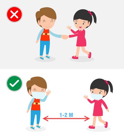 Right and Wrong ways and Prevention tips of coronavirus 2019 nCoV. no handshake and Social Distancing, safe greeting no handshake no hands contact isolated on white background vector illustration.のイラスト素材