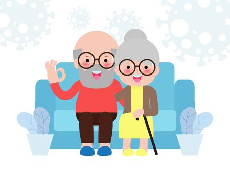 coronavirus (2019-nCoV) COVID-19,Senior Couple stay at home awareness social media campaign and coronavirus prevention, happy family lifestyle activity and staying together in home on white backgroundのイラスト素材