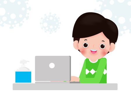 Coronavirus quarantine concept. stay at home, cute student working on a laptop at home, online learning for children study with computer at home, Prevent infection spreading isolated on backgroundのイラスト素材