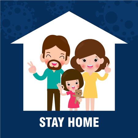 coronavirus (2019-nCoV) COVID-19 stay at home awareness social media campaign and coronavirus prevention, happy family lifestyle activity and staying together in home on white background vectorのイラスト素材