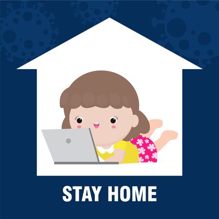 Coronavirus quarantine concept. stay at home, cute student working on a laptop at home, online learning for children study with computer at home, Prevent infection spreading isolated on backgroundのイラスト素材