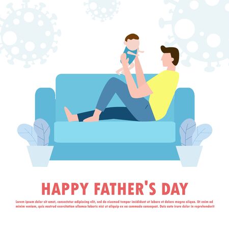 happy father's day greeting card. Coronavirus quarantine concept. Stay at home happy dad and son, Prevent infection spreading isolated on white background vector illustration covid-19のイラスト素材