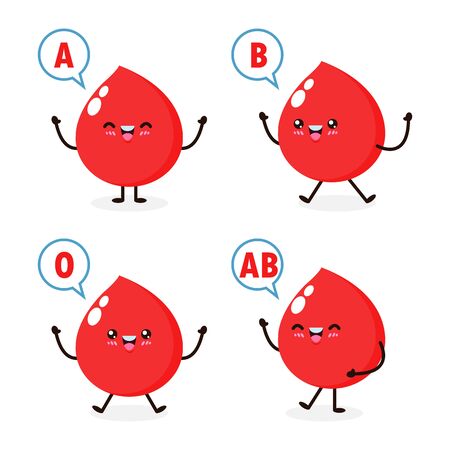 happy Cute healthy blood drop character, Blood type group, set of cute blood types in different actions with red blood cells decoration Isolated on white background.のイラスト素材