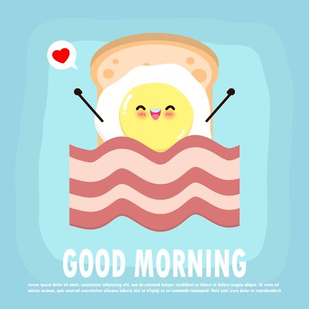Fun breakfast, good morning funny food, Cute fried egg and toast, bacon, isolated on background for card, poster, banner, web design vector illustration.のイラスト素材