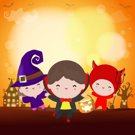 Happy Halloween Party Kids Costume. Group of children in Halloween cosplay. Template for advertising brochure. Happy Halloween party poster and template design bokeh background Vector Illustrationのイラスト素材