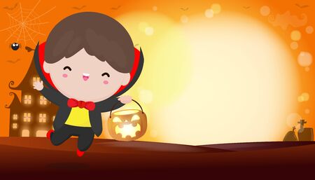 Happy halloween poster, Cute Little Dracula Vampire holding pumpkin in the moonlight bokeh banner, halloween trick or Treating background, Template for advertising brochure Vector Illustration.のイラスト素材