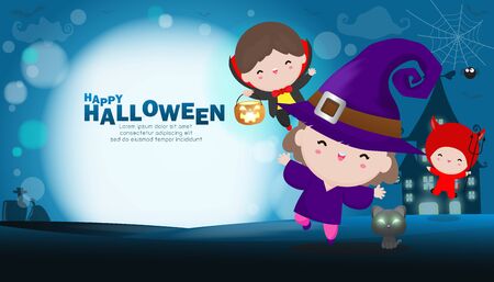 Happy Halloween Party Kids Costume. Group of children in Halloween cosplay. Template for advertising brochure. Happy Halloween party poster and template design bokeh background Vector Illustrationのイラスト素材