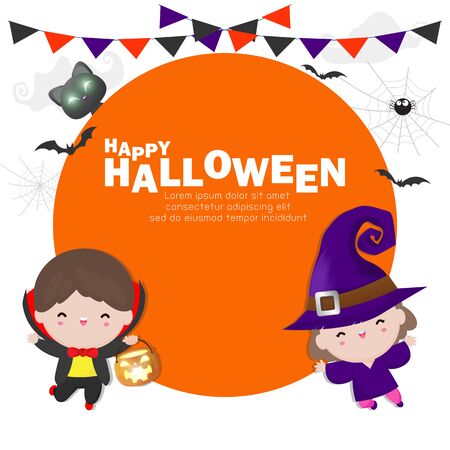 Happy halloween poster, Cute Little Dracula Vampire and witch holding pumpkin kids in Halloween cosplay trick or Treating background, Template for advertising brochure Vector Illustration.のイラスト素材
