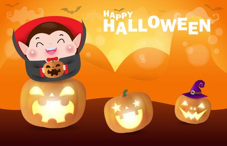 Happy halloween poster, Cute Little Dracula Vampire holding pumpkin in the moonlight bokeh banner, halloween trick or Treating background, Template for advertising brochure Vector Illustration.のイラスト素材