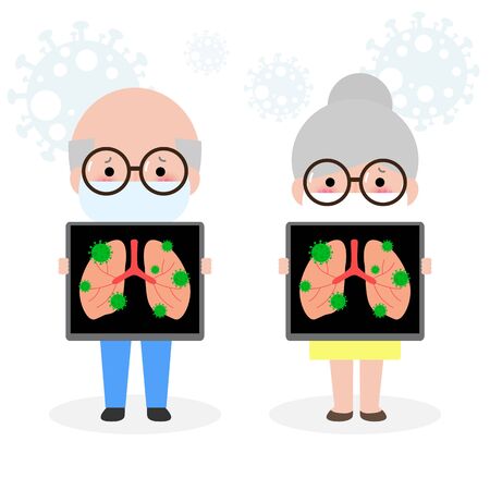 Senior Couple gets with the coronavirus or COVIDâ19 Old Man and woman holds x-ray of lungs. Old people quarantine Prevent infection spreading isolated on white background vector illustrationのイラスト素材