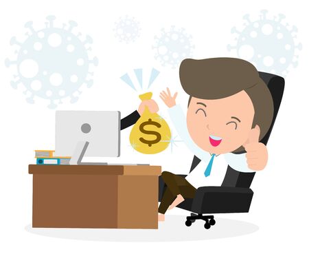 Coronavirus quarantine concept. man working at home. stay at home, male sitting and working on laptop. people with computer. Prevent infection spreading isolated on white background vectorのイラスト素材