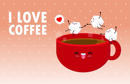 Happy Cute cup of coffee with white sugar funny character. Cute sugar jumping on coffee cup, i love coffee poster Isolated on background vector Illustration in flat styleのイラスト素材