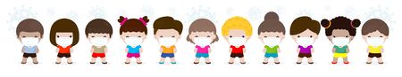 Coronavirus 2019-nCoV or Covid-19 disease prevention concept with group of cute kids boy and girl wearing face mask isolated on white background vector illustrationのイラスト素材