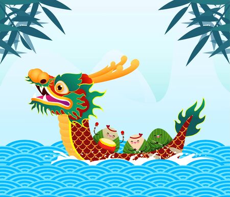 Chinese Dragon boat Race festival with rice dumpling, cute character design Happy Dragon boat festival on background greeting card vector illustration.Translation: Dragon Boat festival,5th day of mayのイラスト素材