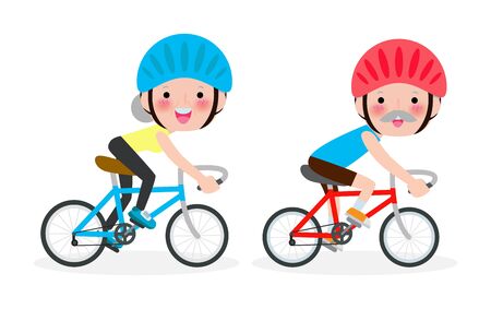 diverse Elderly couple riding bikes, Happy old man and woman riding bikes, Sports family concept Vector illustration isolated on white backgroundのイラスト素材