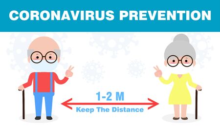 coronavirus prevention, Social Distancing, Old people keeping distance for infection risk and disease, wearing surgical protective Medical mask for prevent virus Covid-19. Health care conceptのイラスト素材