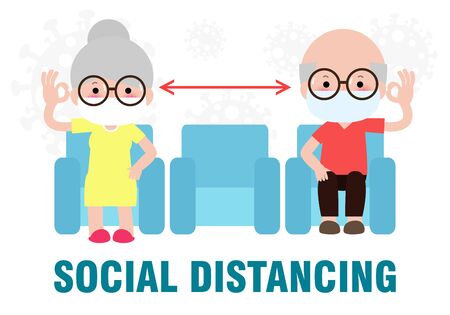 coronavirus prevention, Social Distancing, Old people keeping distance for infection risk and disease, wearing surgical protective Medical mask for prevent virus Covid-19. Health care conceptのイラスト素材