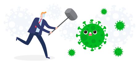 businessman fight with coronavirus (2019-nCoV), cartoon character man and woman attack COVID-19 ,people and Protection Against Viruses and Bacteria, Healthy lifestyle concept isolated on backgroundのイラスト素材