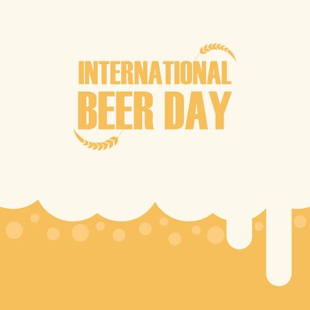 Happy international beer day poster background with overflowing beer froth vector illustration.  Flat style retro graphic for beer day celebration greeting card vintage design.のイラスト素材
