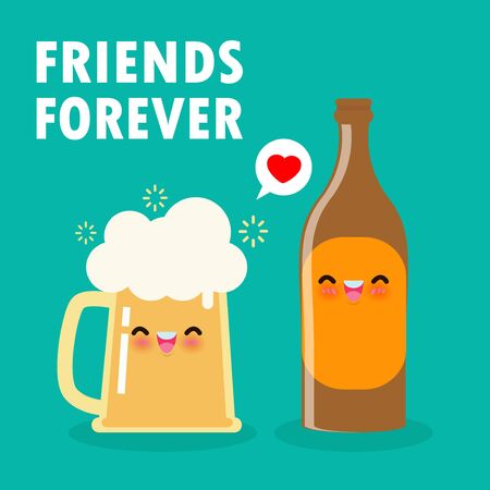 Funny mug of beer and beer bottle cute cartoon characters Happy international beer day poster background vector illustration in flat style greeting card Friends forever.のイラスト素材