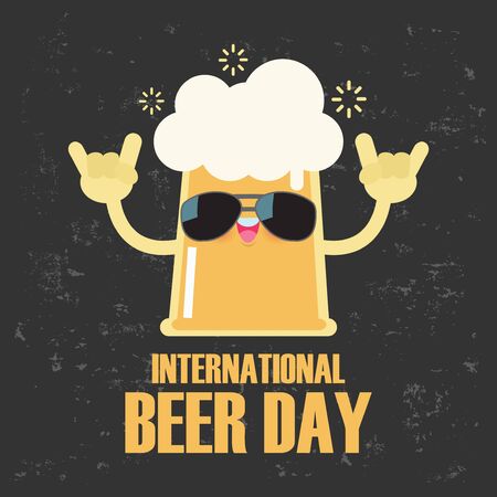 Happy international beer day Funny mug of beer rocker cute cartoon characters poster vintage background vector illustration isolated in flat style greeting card retro graphicのイラスト素材