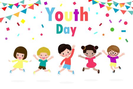 happy youth day Teen people group of diverse girls and boys jumping together in flat style Template for advertising brochure poster isolated on white background vector illustrationのイラスト素材