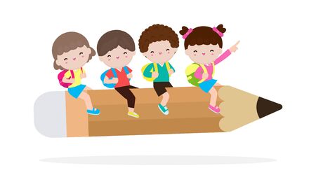 Back to school, group of cartoon Children flying on pencil, kids education concept vector illustration isolated on white backgroundのイラスト素材