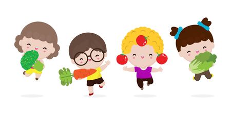 Group of Happy kids and vegetables, Cute cartoon children eating broccoli, carrot, tomato, Chinese cabbage, child holding smiling live vegetables, Healthy food in the farm isolated on white backgroundのイラスト素材