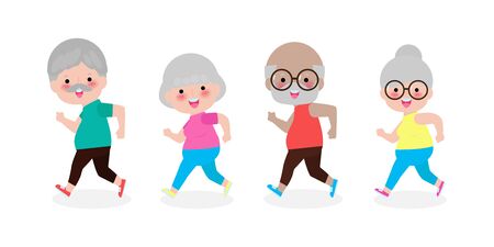 group of cartoon running old woman, man. Cartoon character. Old people activity. Vector gym or outdoor healthy lifestyle. Sport adult old people exercising  on white background Vector Illustrationのイラスト素材