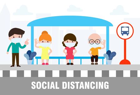 Social distancing concept with people wearing medical masks at the bus stop during Coronavirus or covid-19. outbreak new normal lifestyle. avoid spreading illness of COVID-19.vector illustration.のイラスト素材