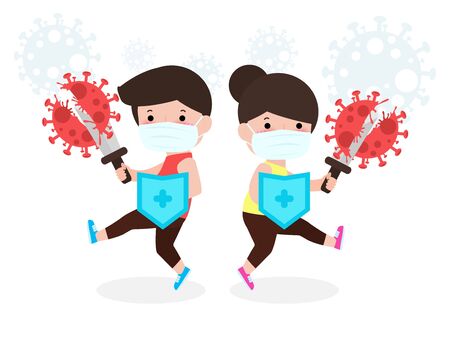 people fight with coronavirus (2019-nCoV), cartoon character man and woman attack COVID-19 ,children and Protection Against Viruses and Bacteria, Healthy lifestyle concept isolated on white backgroundのイラスト素材