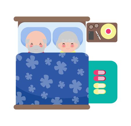 senior couple sleeping in bed, Adult old man and old woman sleep in bed isolated on white background vector illustration in flat styleのイラスト素材