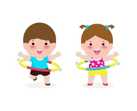 Cute cartoon kids exercises with hula ring.  Weight loss concept, healthy and fitness, Funny child character sport isolated on white background vector illustrationのイラスト素材
