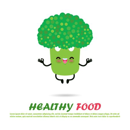 Eating healthy food and fitness, Funny vegetable character happy strong broccoli meditate in yoga pose isolated on white background vector illustration flat styleのイラスト素材