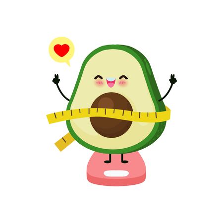 Cartoon cute avocado happy loss weight on weighing scales, Scales for measuring obesity, Concept with Eating healthy food and exercise. Funny fruit character isolated on white background vectorのイラスト素材
