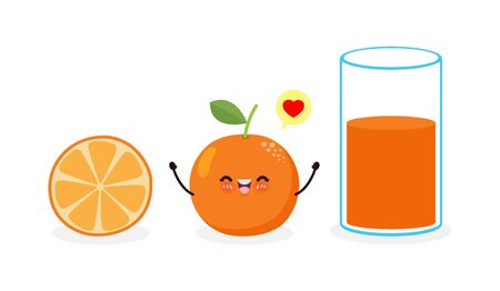 Cute cartoon orange and orange juice glass, happy Breakfast Funny fruit characters Best friends set, Concept with Eating healthy food isolated on white background vector illustrationのイラスト素材